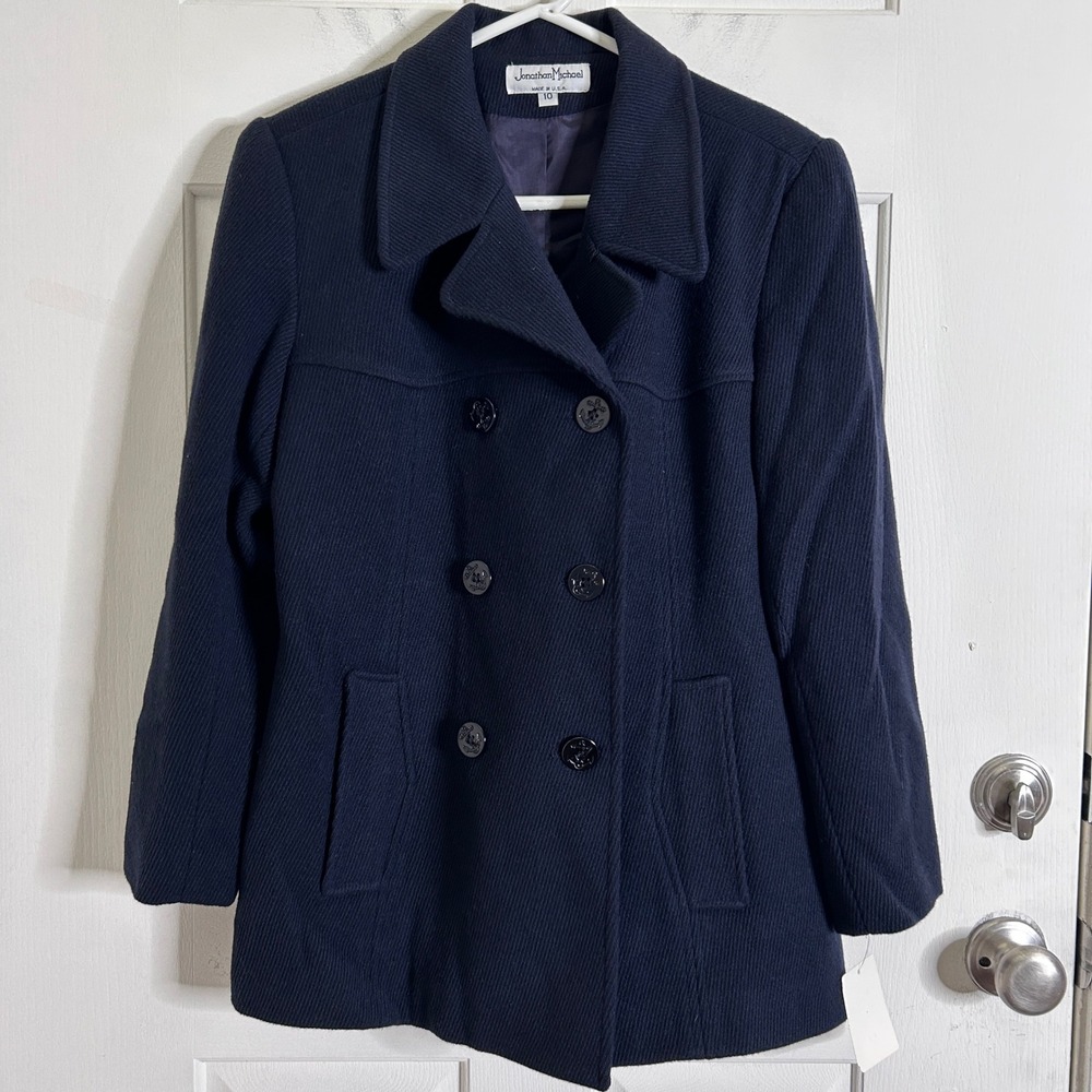 VTG Deadstock Jonathan Michael Wool Pea Coat Women 10 Navy Blue Double Breasted